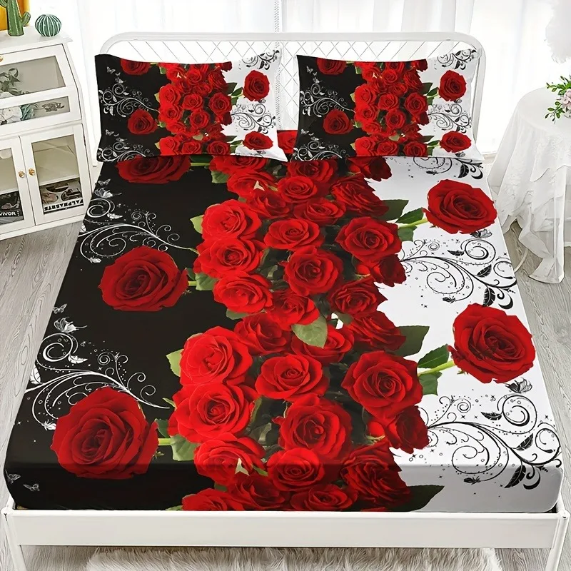 Vintage Red Rose Fitted Sheet Set Black White Swirl Pattern Floral Mattress Cover Romantic Bedroom Decor Bedding
