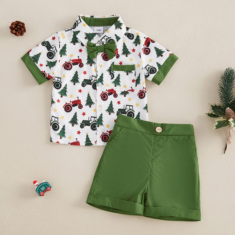 Toddler Boy Christmas Outfit, Tractor Tree Short Sleeve Button Down Shirt Solid Elastic Waist Shorts 2 Piece Set image 2