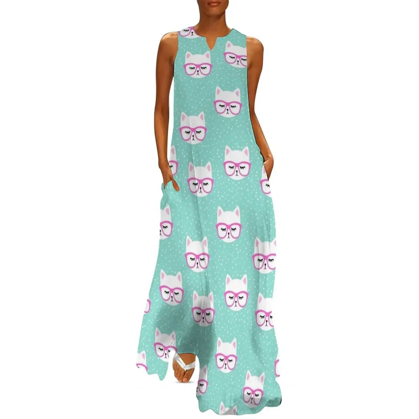 

Cute Cat with Glasses Long Dress dresses korean style ladies dresses for special occasion dress Dress