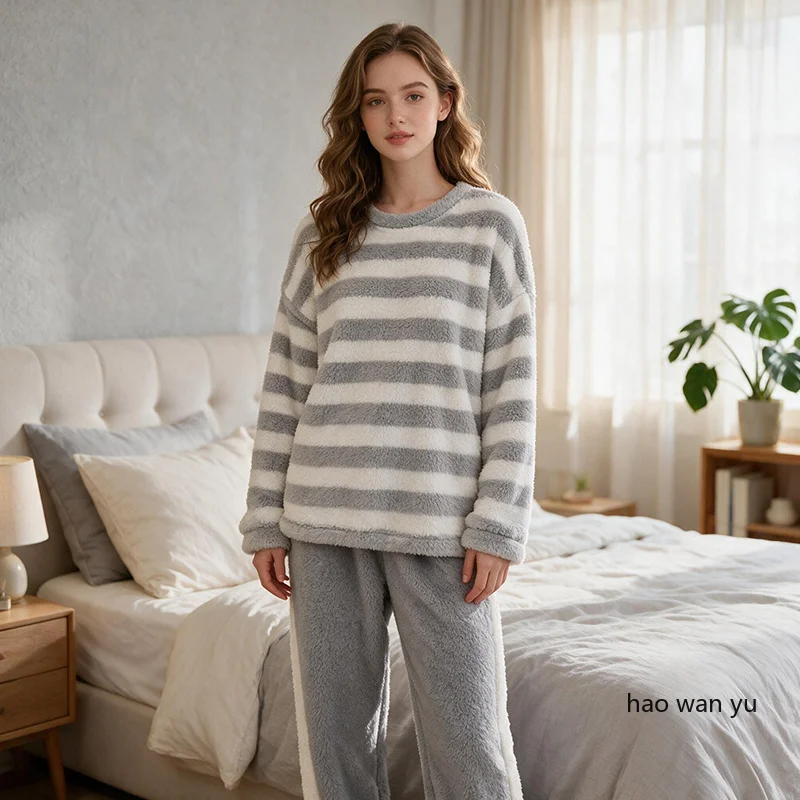 Plus Size Thickened Warm Fall and Winter Long-Sleeved Soft Ladies Pajamas Women's Coral Velvet Striped Casual Sleepwear Homewear 6