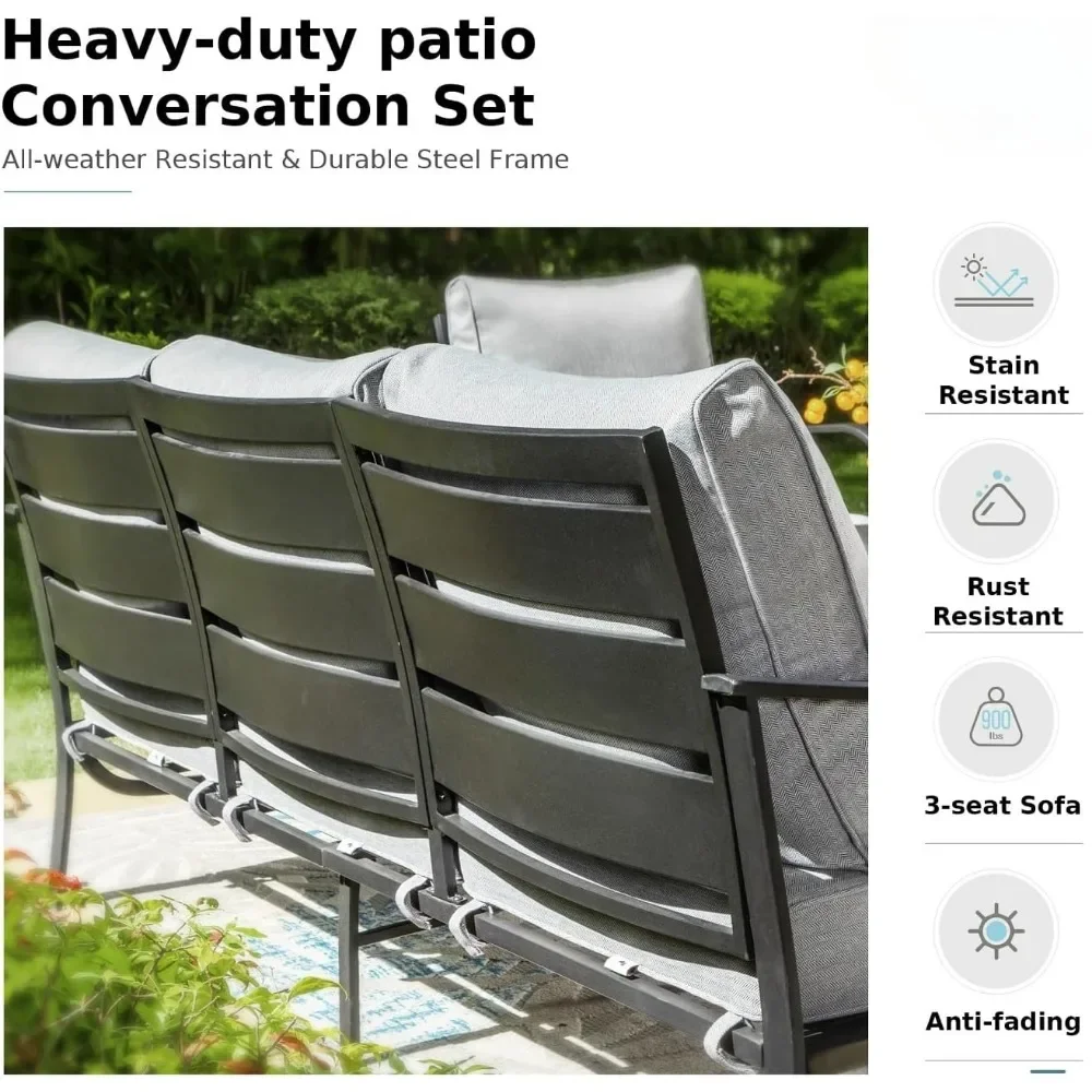 4 Pieces Patio Conversation Set, 45 Rectangular Propane Fire Table, 3-Seat Sofa, 2 Swivel Chair, All Weather Metal Furniture Set