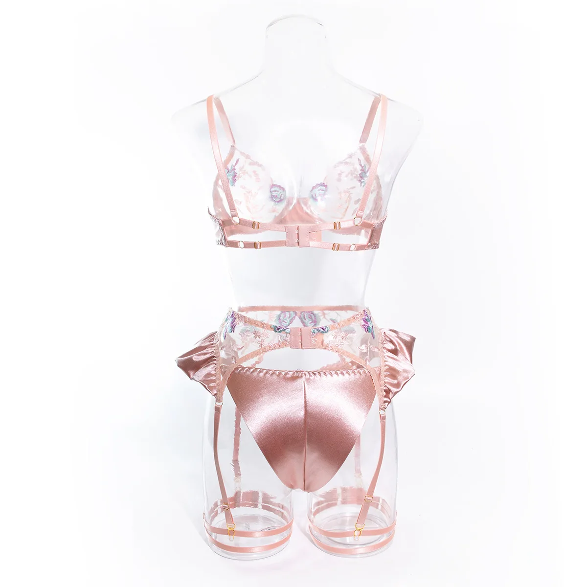 Lencería Sensual para mujer, ropa interior de seda transparente Floral elegante, liguero transparente, conjuntos exótico