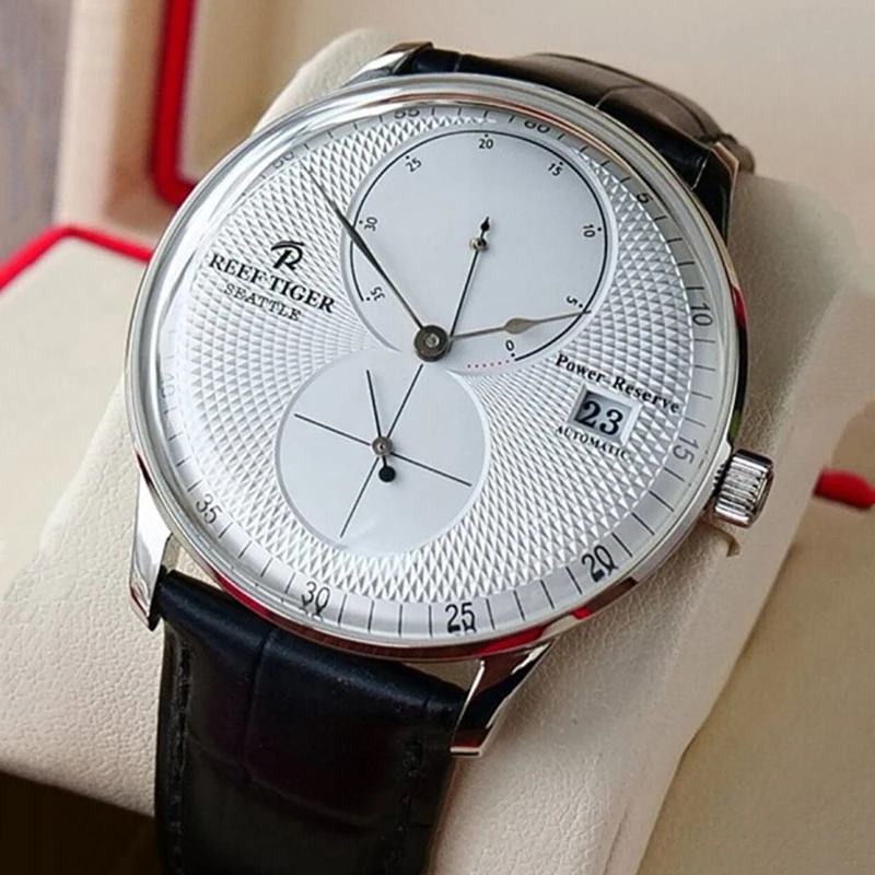 Montre mécanique étanche pour homme avec affichage de la date et de la réserve de marche, boîtier en acier inoxydable, verre saphir, grand cadran de 42 mm