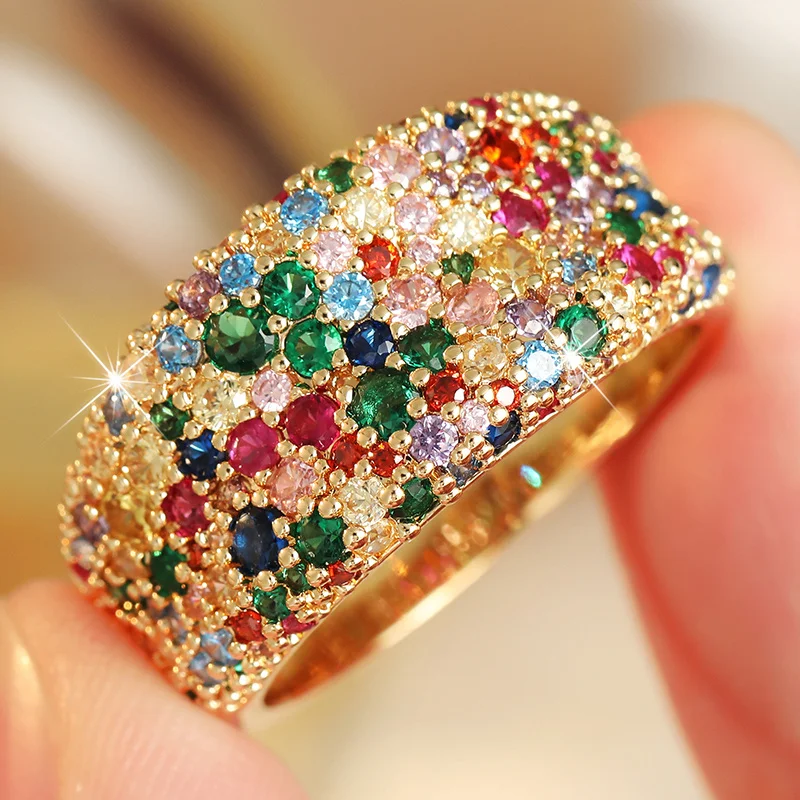 Wunderschöner luxuriöser Ring mit farbigen kubischen Zirkonen für Damen, Retro-Palast-Stil, Bankett-Party-Ring, eleganter Schmuck