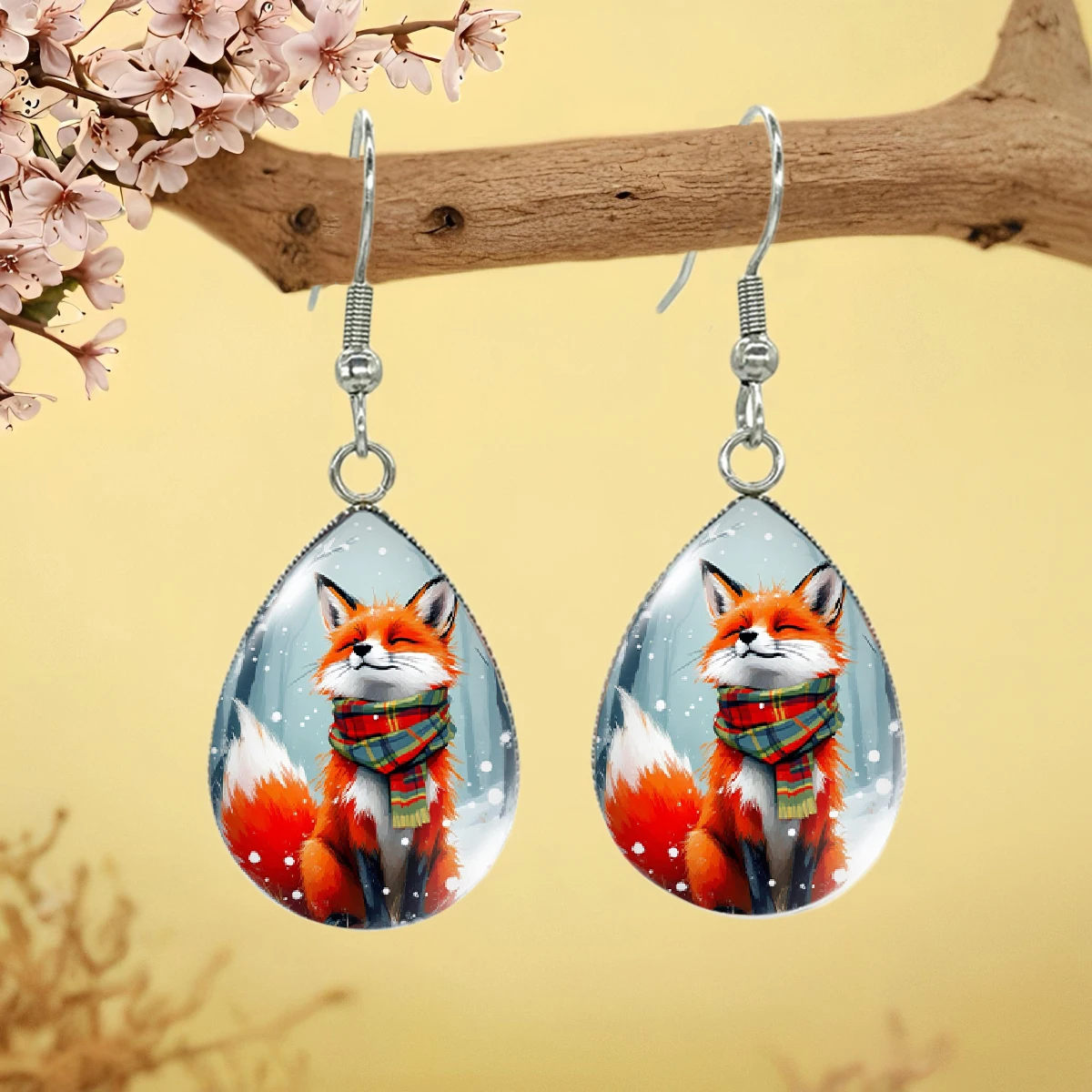 الثعلب مع وشاح في الثلج يضحك الأقراط المتدلية العصرية والمجوهرات الزجاجية #1