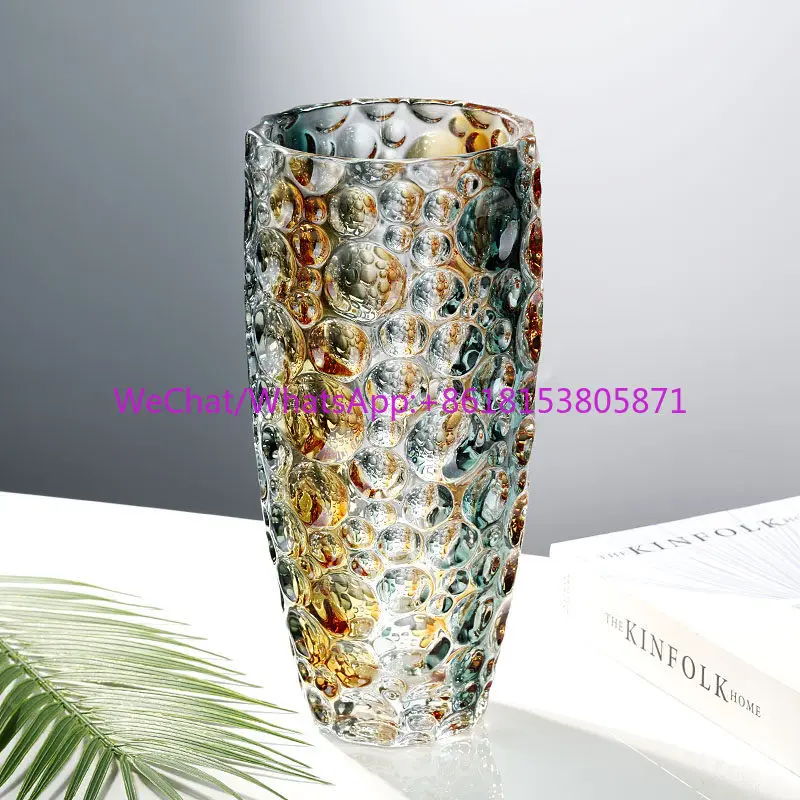 Light luxury jadeite gold vase ornament creative bead dot bubble crystal glass living room flower arrangement