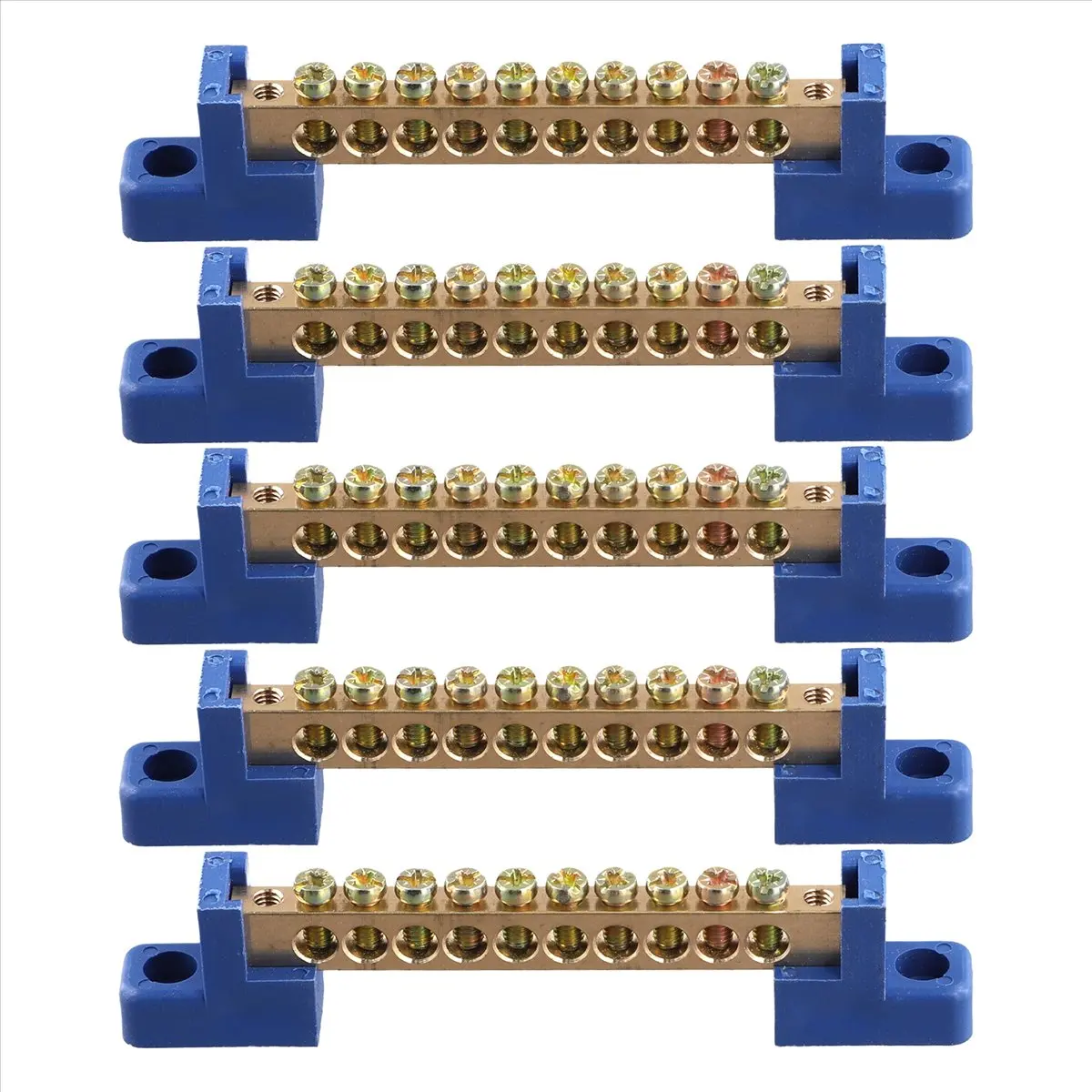 L77A Terminal Block Blue Terminal Bus Bar 10 Positions Screw Brass Terminal Grounding Strip Bus Bar Block Pack of 5