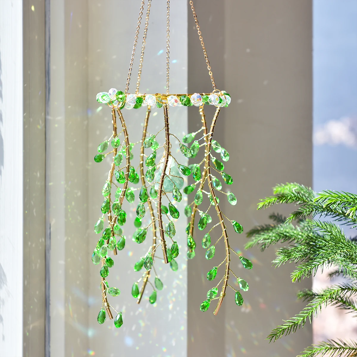 

Willow Branch Sun Catcher Simulated Crystal Plant Wind Chime - Natural Crystal Stone Rainbow Maker Garden Home Decor Great Gift