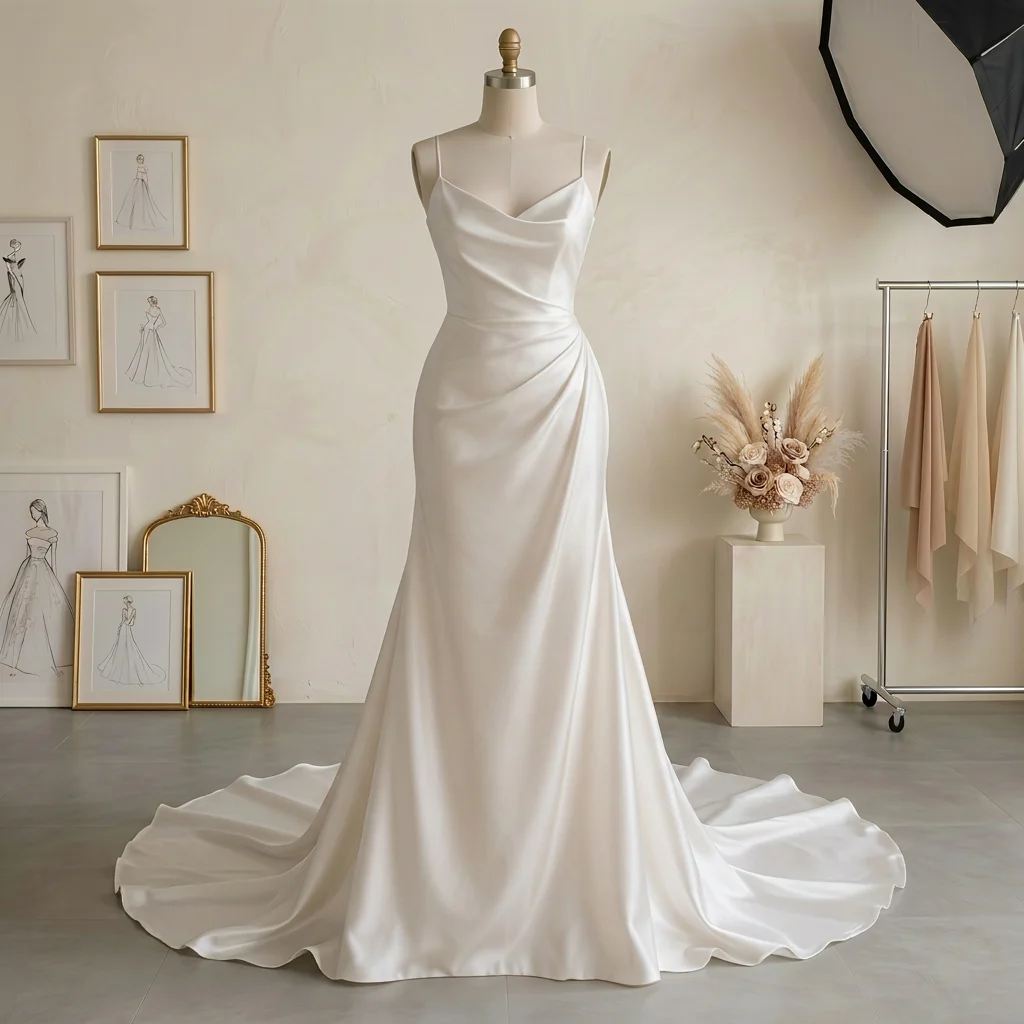 Spaghetti Strap Cowl Neck Satin Mermaid Wedding Dress with Lace-Up Back & Train Bridal Gown