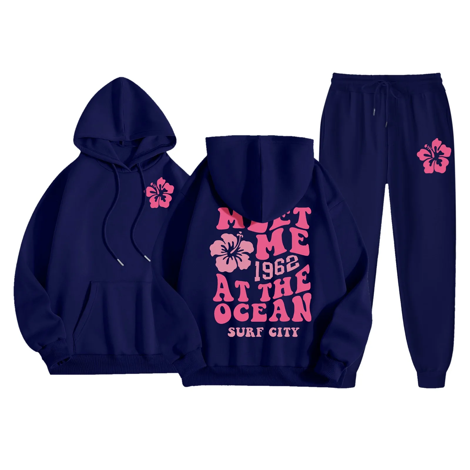 

Padded Hooded Sweatshirt Sweatpants Long Pants Set Meet Me At The Ocean 1962 Surf City Y2k Hoodies American Outdoor Hoodies