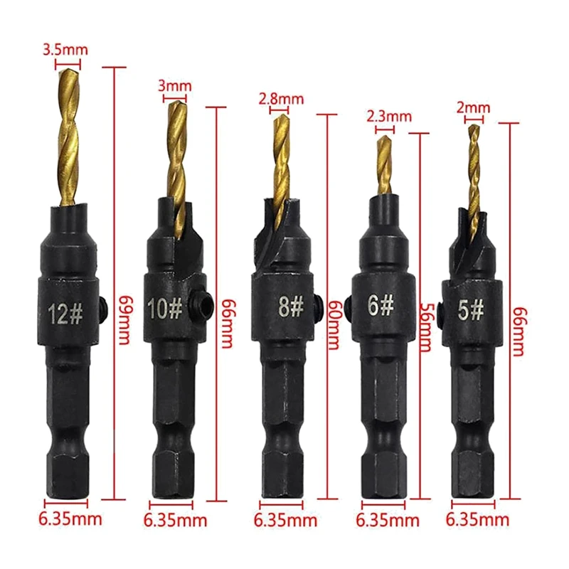 5PCS Shank Countersink Drill Bits Set Screw Carpentry Chamfer Hole Opener Woodworking Drill Punch Tools