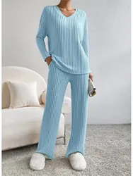 New Autumn Winter Knitted Women's Suit 2-piece Set Casual Home Wear Straight Pants Loose V-neck Pit Strip Top Solid Sets Female