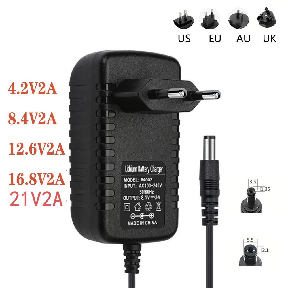 4.2V 8.4V 12.6V 16.8V 21V 2A DC 5.5mm Or 3.5mm Power Adapter Li-ion Red Charging For 1 2 3 4 5 String Lithium Battery Charger