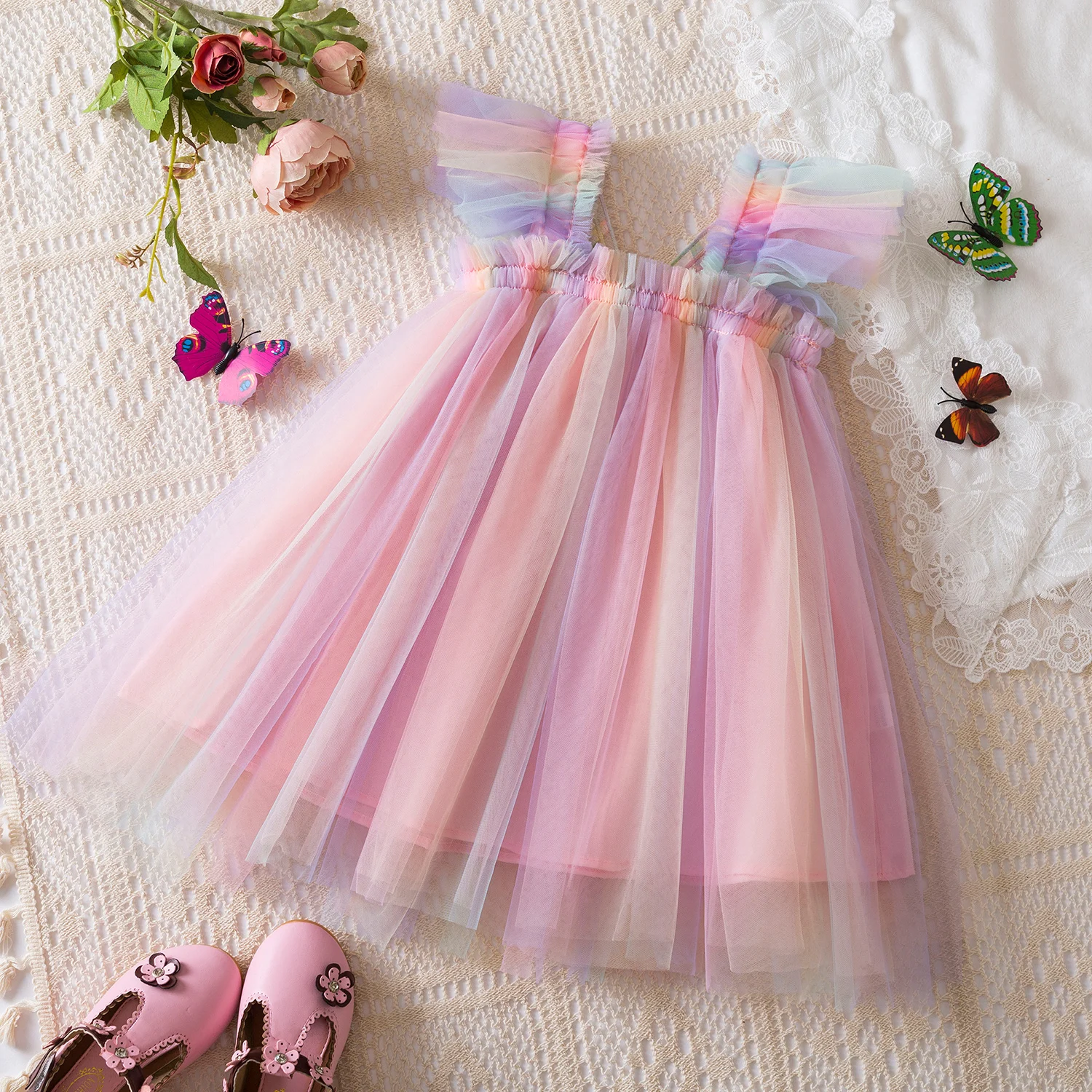 Baby Girls Gradient Rainbow Tulle Sling Dress 3D Butterfly Mesh Vestido Vintage Children Wedding Birthday Party Princess Dresses