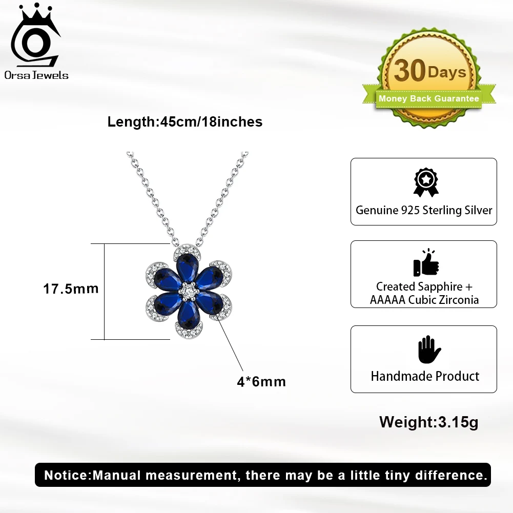 ORSA JEWELS Shiny Created Sapphire Flower Pendant 925 Sterling Silver 5A CZ Necklace Engagement Wedding Jewelry for Women LZN17