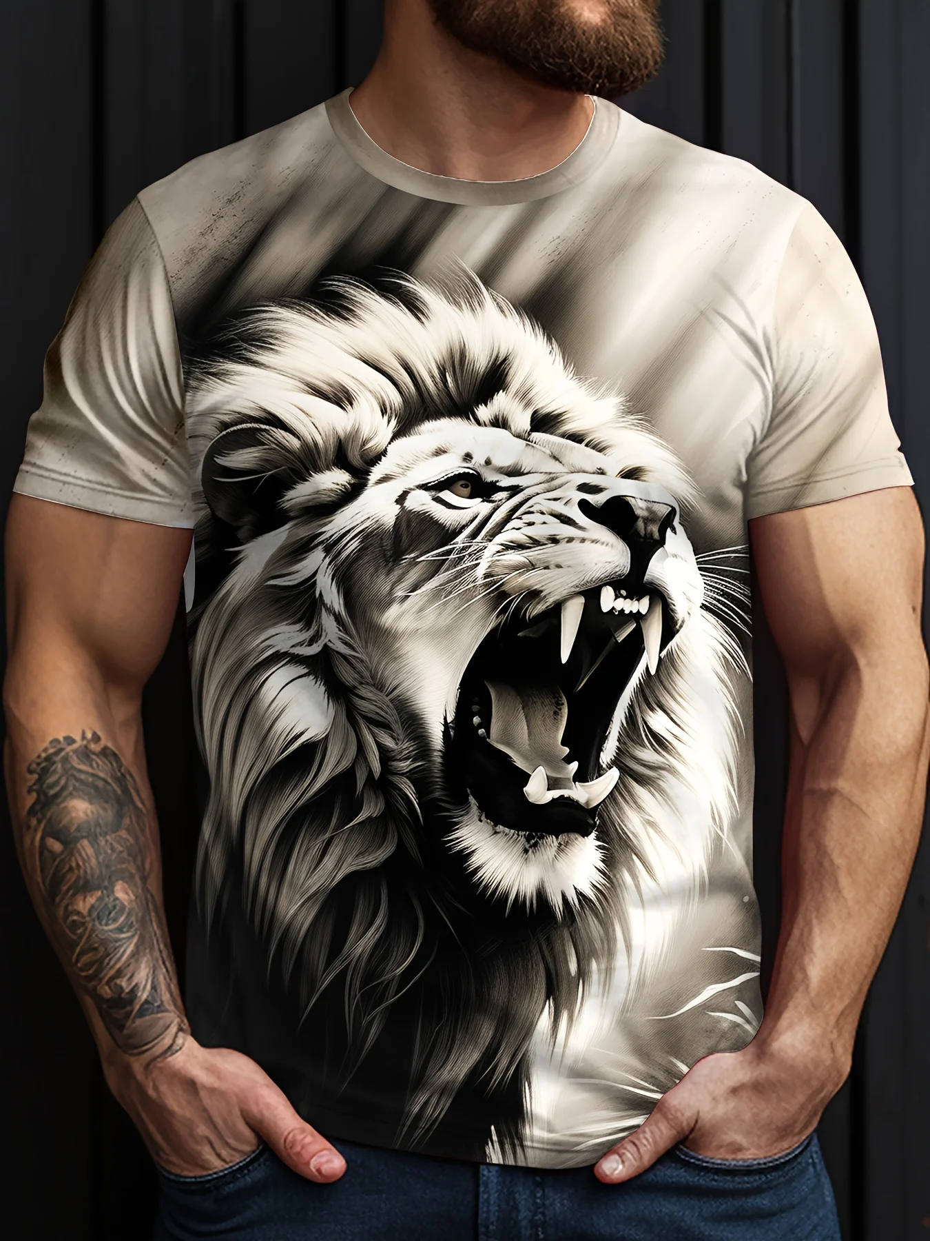 Mens Lion Print Short Sleeve Crew Neck T-Shirt Soft Breathable Casual Wear Outdoor Activities Summer Essential Clothing Tshirts