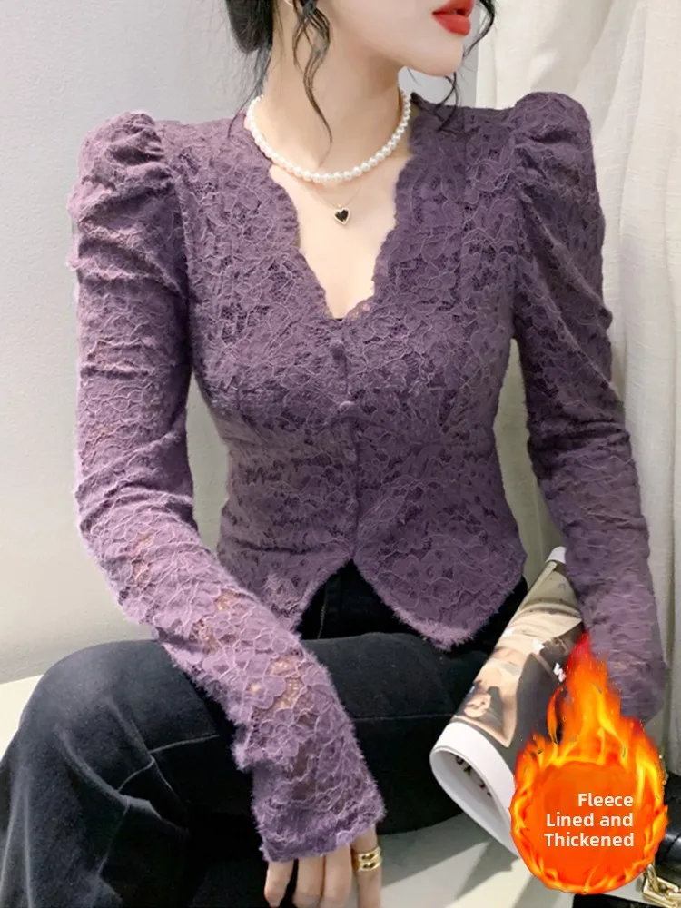 

Сексуальный женский топ с V-образным вырезом, кружевом и флисовой подкладкой, осенне-зимний, утягивающий, с объемными рукавами, модный, для повседневной носки, укороченный