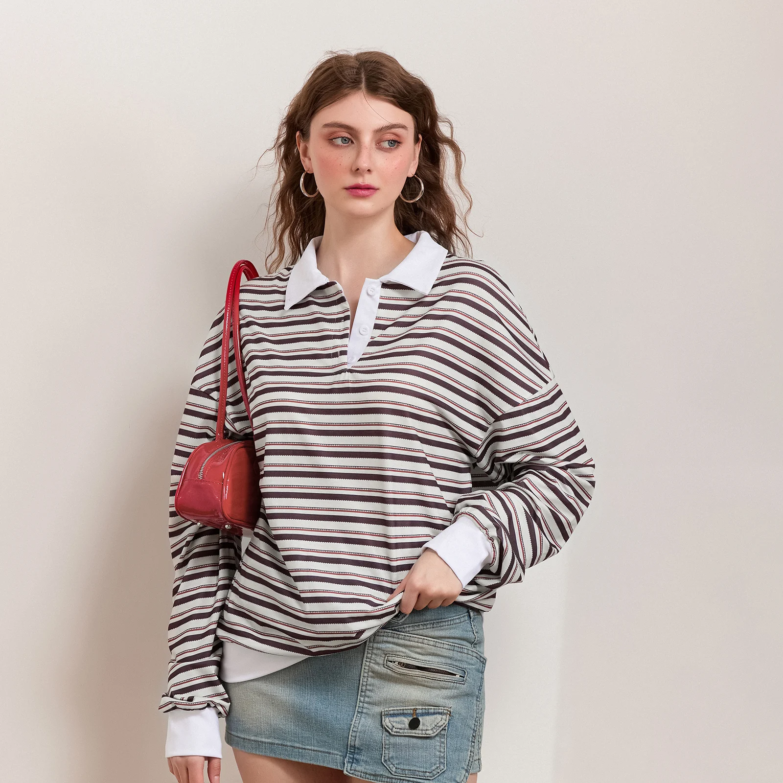 Autumn Striped Print Sweatshir for Women Long Sleeve Turn-down Collar Loose Pullover Casual Tops Streetwear