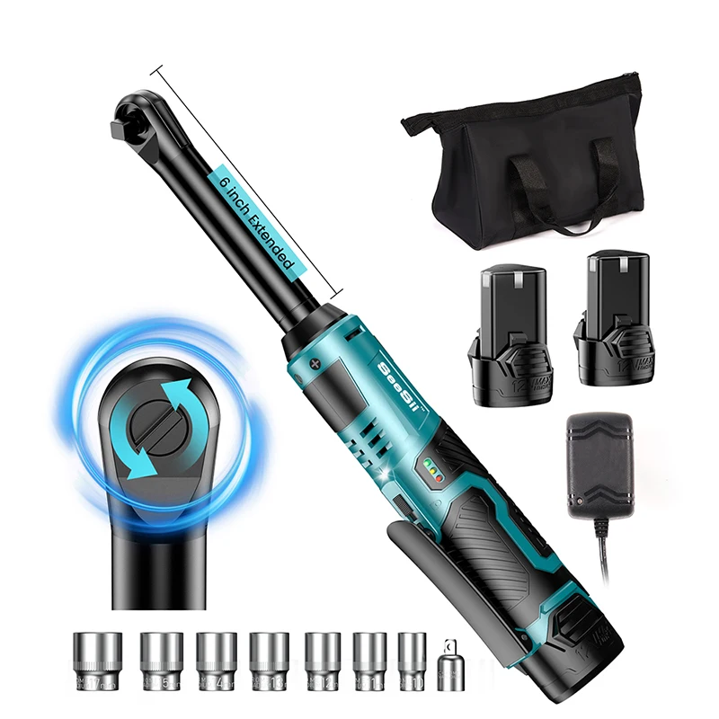 SEESII 6 "Verlengde Ratelsleutel 3/8" Draadloze Elektrische Sleutel 55Nm 12V Oplaadbare Hoeksleutel Auto Reparatie Tools w/2 Batterijen