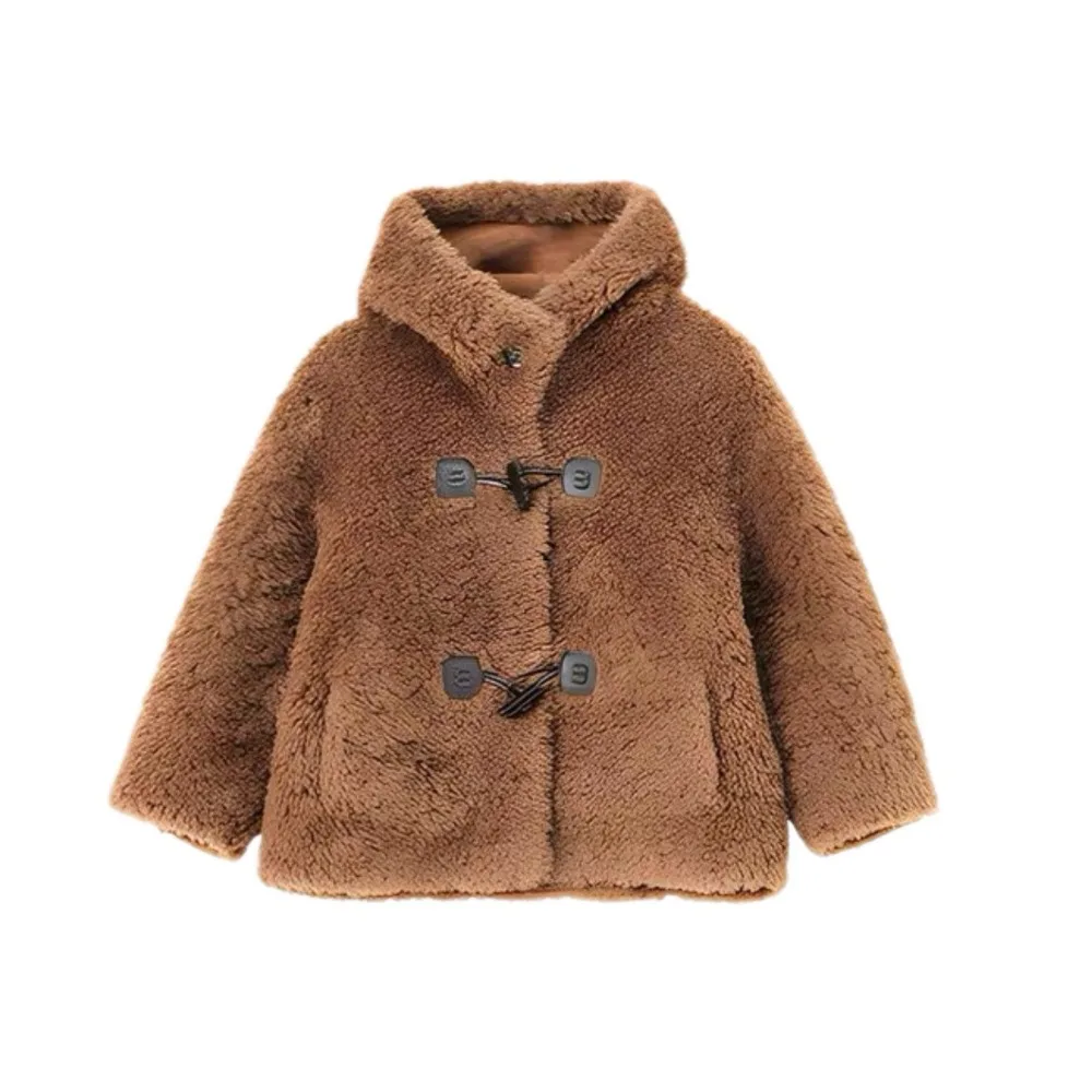 Autumn Winter New Kids Faux Fur Overcoat Big Girls Imitation Sheepskin Integrated Stylish Horn Button Thick Warm Outerwear