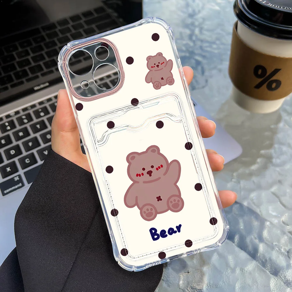 Cute Bear Clear Wallet Phone Case For iPhone 16 Pro Max 16 15 Plus 16 15 11 Pro 14 13 12  X XS XR Cover Sockproof Protective