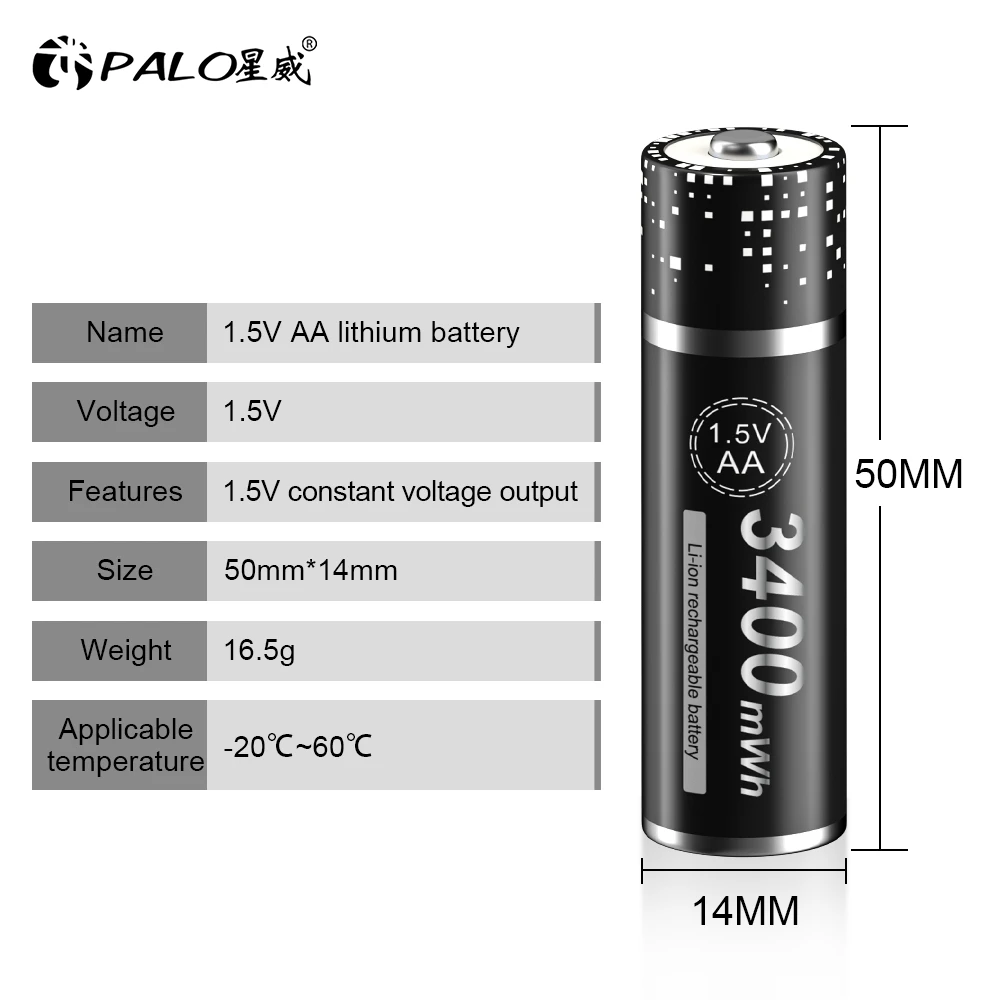 PALO 3400mWh 1.5V AA akumulator litowo-jonowy AA akumulatory AA ogniwo 2A + 1.5V AA AA ładowarka