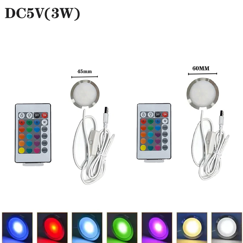 ไฟสปอตไลท์ RGB USB 5V 3W บางเฉียบ 8 มม. ชุดไฟตู้หลากสี พร้อมรีโมทคอนโทรล ไฟ LED DIY โคมไฟเพดานแบบเรียบง่าย