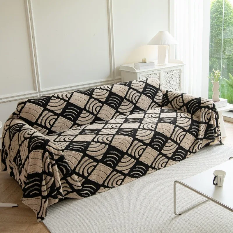 Modern Geometric Pattern Thick Plush Sofa Cover, Anti-Cat Scratch Full Blanket Non-Slip Couch Protector for Living Room