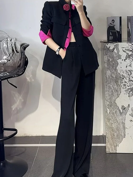 

Новый женский деловой костюм в китайском стиле с воротником-стойкой, ручной вышивкой цветами и контрастными длинными брюками