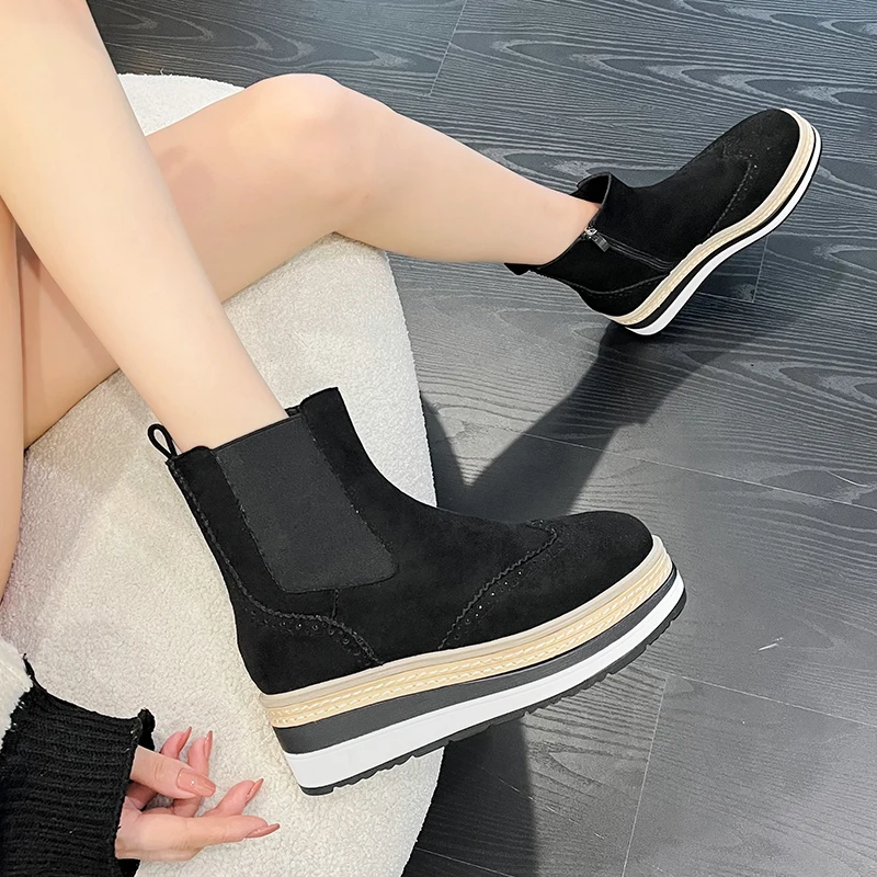 

Womens Platform Ankle Boots Wedges Shoes Ladies High Heels 7cm Heeled Creepers Black Suedue Wedge Autumn Boots Botas De Mujer