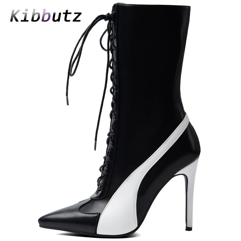 Contrast Patchwork Pointed Toe Mid Calf Boots Women Front Lace-Up Stiletto High Heels Ladies Evening Party Fashion Dress Boots