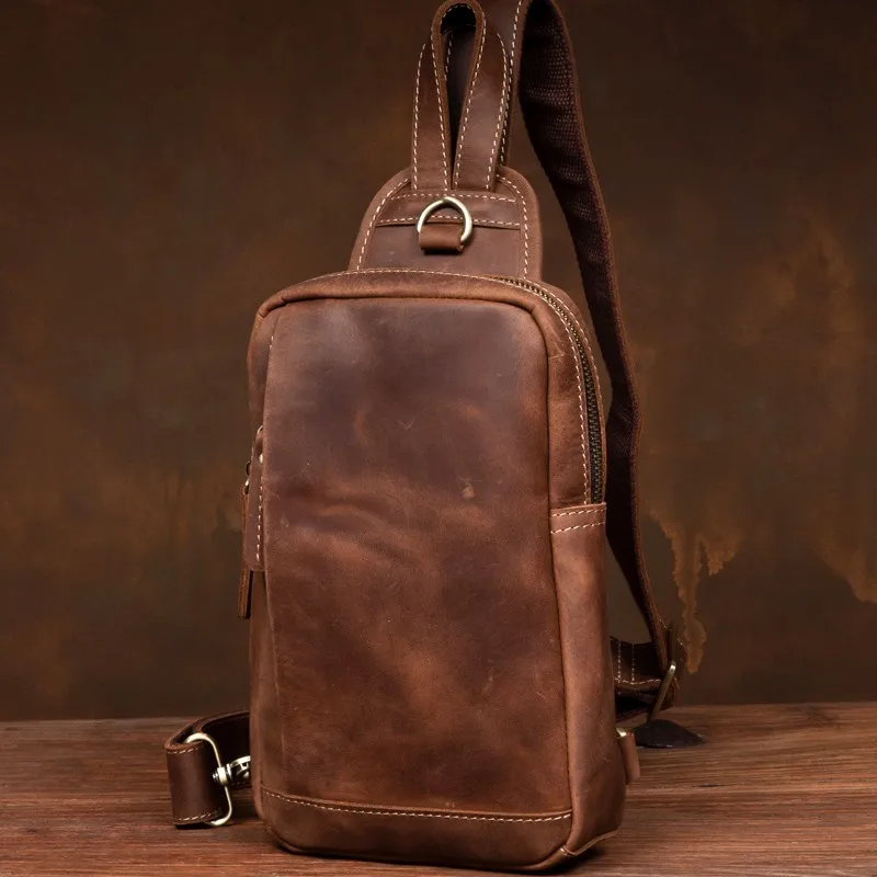 Crazy horse leather vintage chest bag top layer cowhide handmade genuine leather men's motorcycle shoulder bag single shoulder
