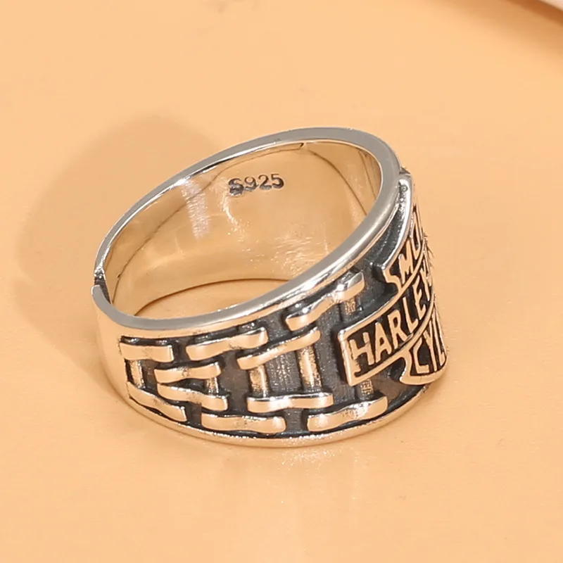 s925 Silver special trendy style Harley opening men\'s ring vintage distressed Thai silver letter locomotive style ring wholesale