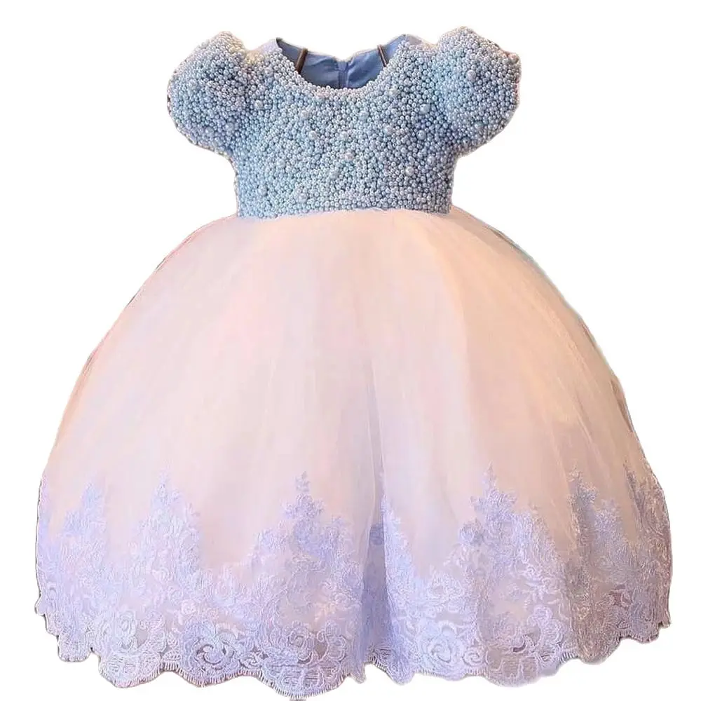 

Cute Infant Baby Girl Birthday Dresses Pearls Top Long Puffy Tulle Tutu Little Girl Pageant Party Dress