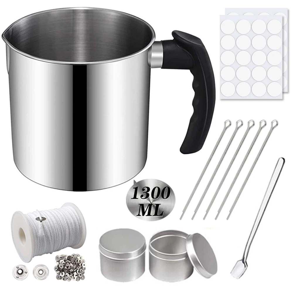 1.3L Complete Candle Making Kit Stainless Steel Pouring Jar Wicks Stickers and Holders for DIY Crafts and Gifts