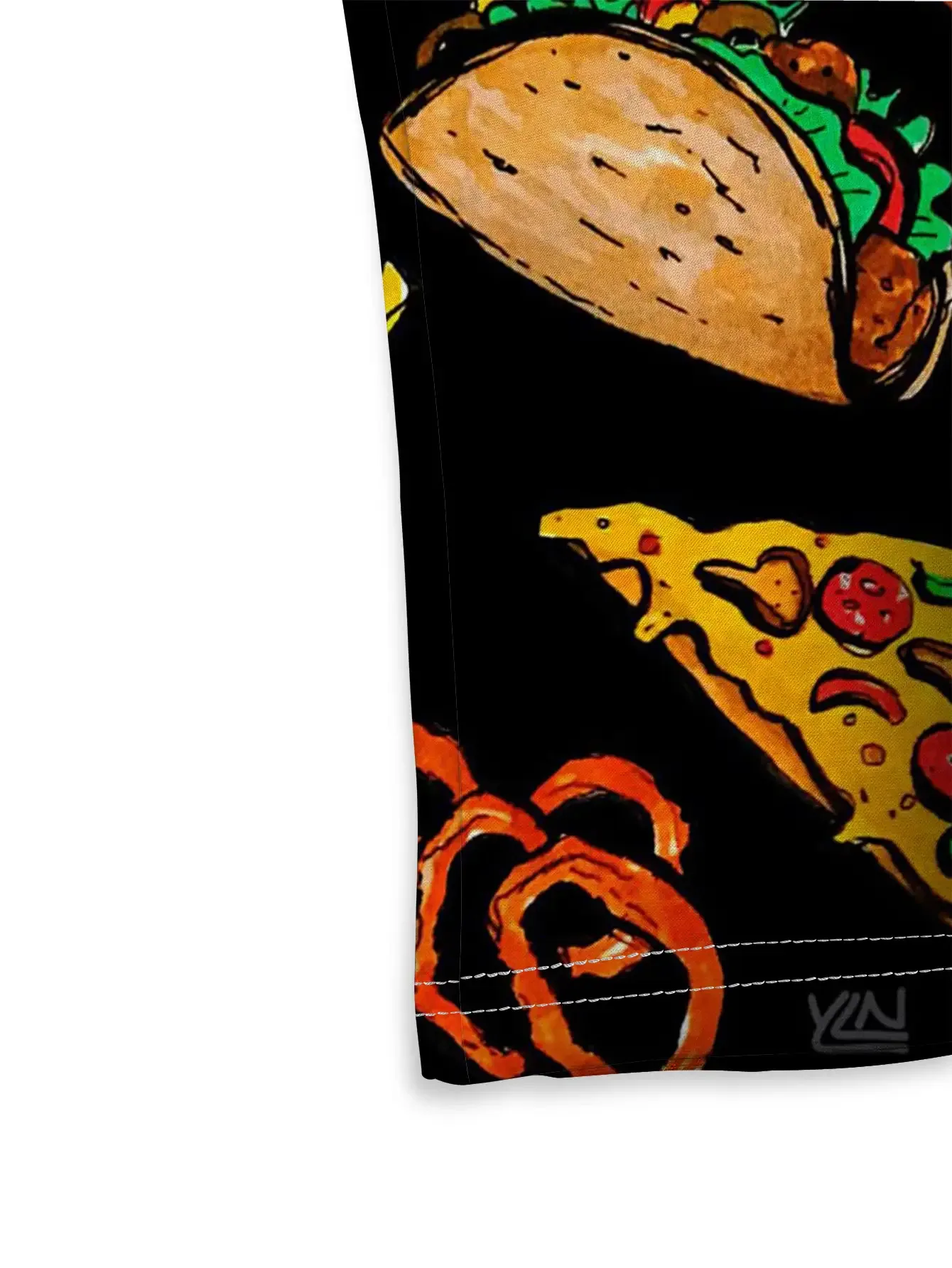 Unisex Fast-Food-Hoodie mit Burger-, Pizza-, Pommes- und Hähnchen-Print, schwarze Basis, langärmelig, lässiger Streetwear-Pullover – Detail 5