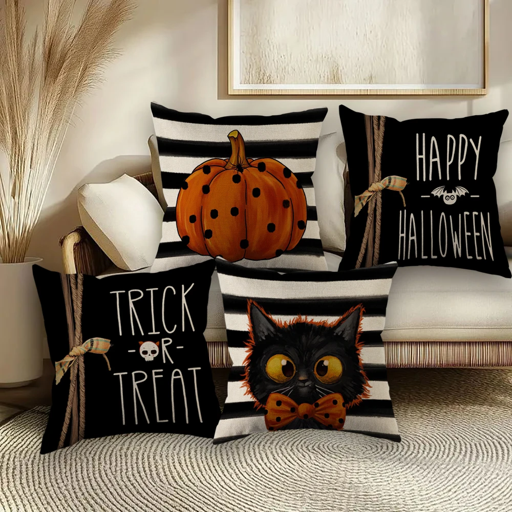 Halloween Decor Pillow Case 45x45 Pillow Cover Funny Pumpkin Ghosts Black Cat Print Cushion Cover Home Decorations Holiday Gifts
