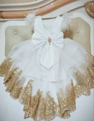 Girls party dress with gold lace white tulle high-low puffy dress flower girl dress toddler 1st birthday dress with big bow