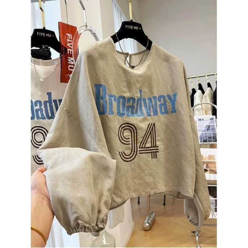 T-shirt da donna sportive O-collo oversize lettera stampata top vintage casual stile americano grembiule manica lunga autunno abbigliamento donna