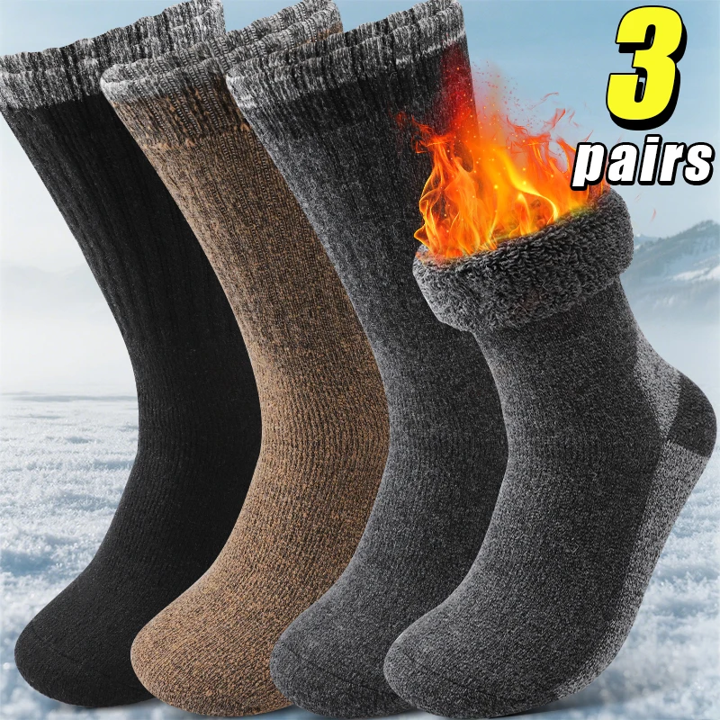 

3 Pairs Super Thicken Wool Winter Men's Mid Calf Socks Thermal Knit Sports Socks Durable Soft Comfort Socks Elastic Cuff