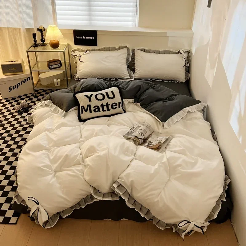 Ins Style Bow Embroidery Pure Cotton Bed Sets Princess Brushed Bedding Set with Lace Single Double Queen King Size Bedclothes