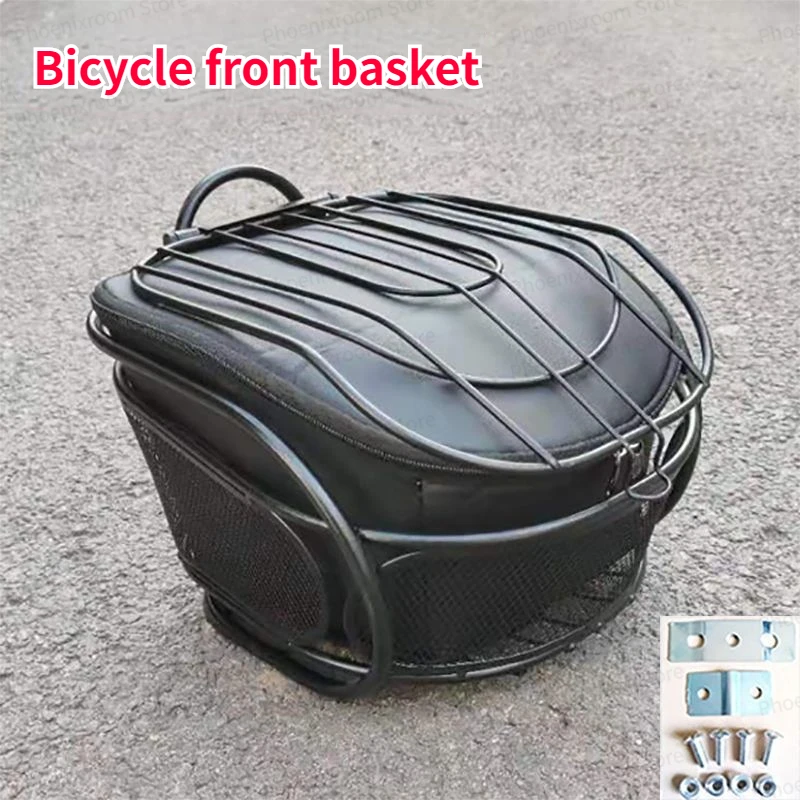 Electric Bicycle Front Basket Vegetable Basket Storage Basket Bicycle Sturdy and Durable Metal Front Basket with Lid