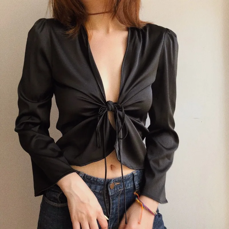 الرجعية بلون الساتان السلس الساتان قمصان موضة الخامس رابطة عنق على شكل حرف v عقدة طويلة الأكمام قصيرة الشمس Bloue مثير الملابس النسائية قميص #1