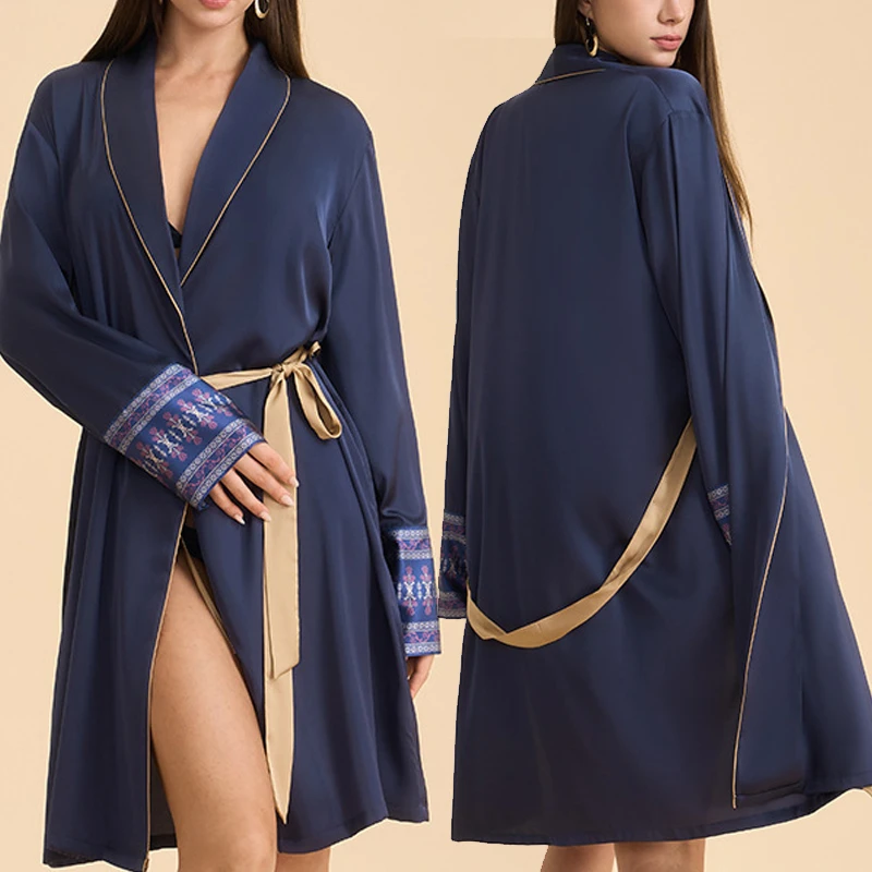 

Spring Autumn New Women's Robe Home Dress Fashion Sexy Kimono Bathrobe Gown Negligee Luxury Satin Sleepwear Lingerie Lounge Wear