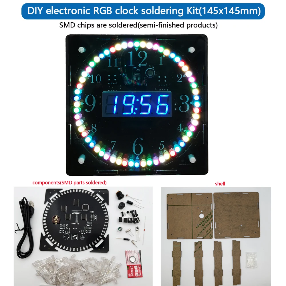 Diy clock electronic kit RGB led music spectrum display digital tube light sensor(SMD components soldered))