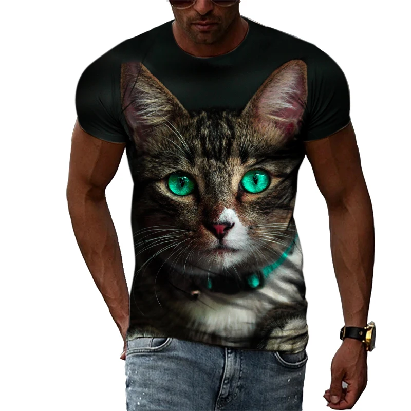 Summer New Animal Cat Pattern 3D T-shirt Hip Hop Trend Personality Fashion Round Neck Top Casual Street Element Short Sleeve Tee