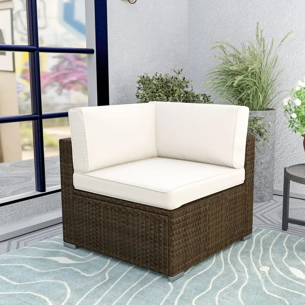 Outdoor Patio Furniture Wicker Right Corner Chair w Beige Cushion for Garden, Pool, Backyard