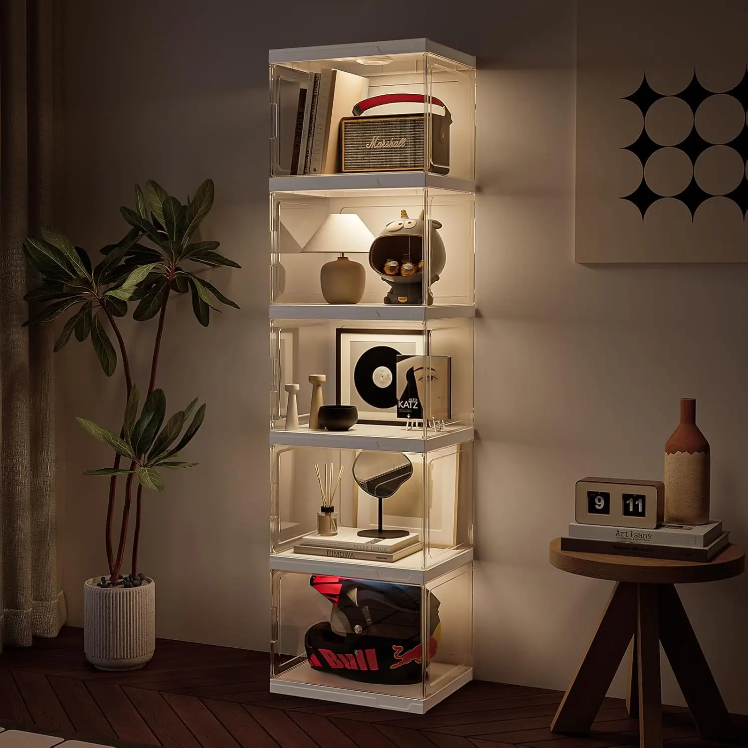 

Display Cabinet,Plastic Storage Cabinet with Adjustable LED Lights - Elegant White Standing Storage for Living Room