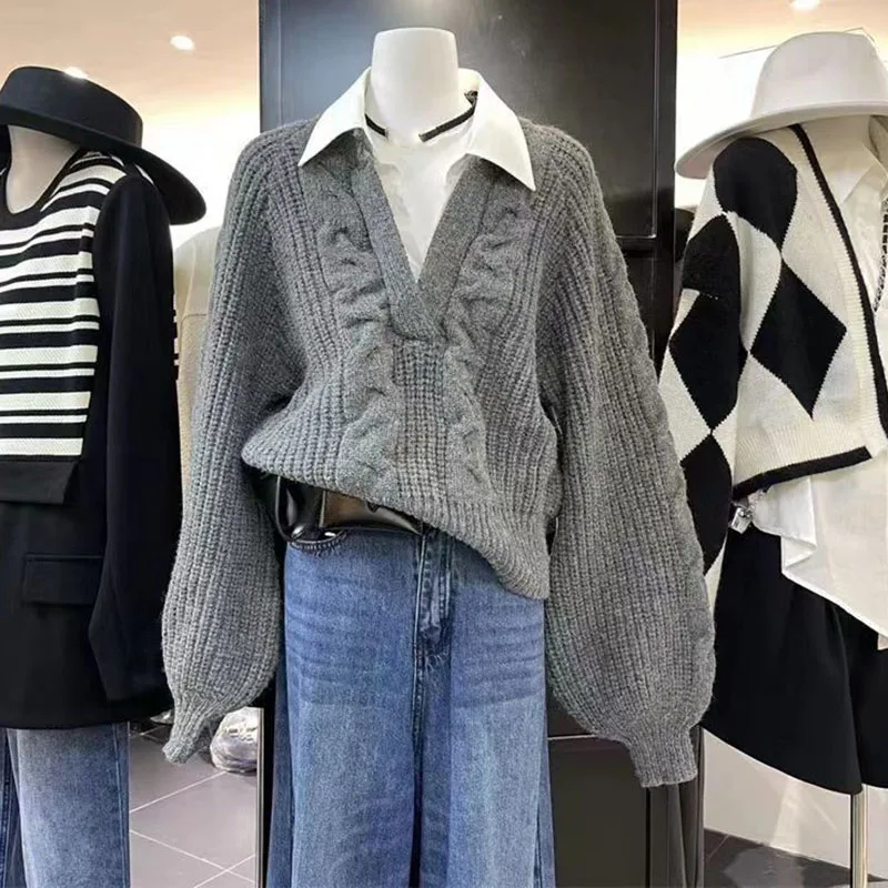 Lucyever japonês preguiçoso falso dois suéteres para mulher outono inverno design retro malha jumper moda solta turndown colarinho malhas