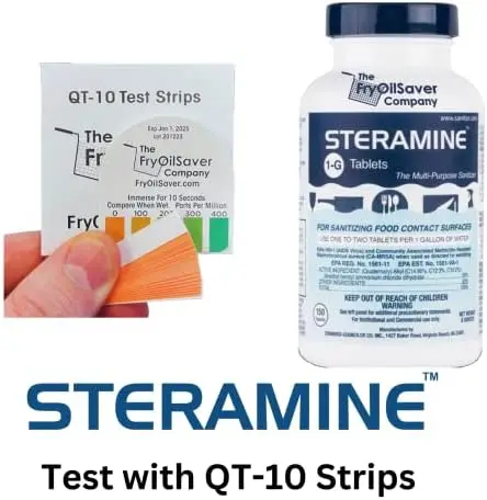 

2 упаковки таблеток-дезинфекторов Steramine - 300 шт. + 15 тест-полосок QT-10 для пищевых поверхностей - FryOilSaver Co.